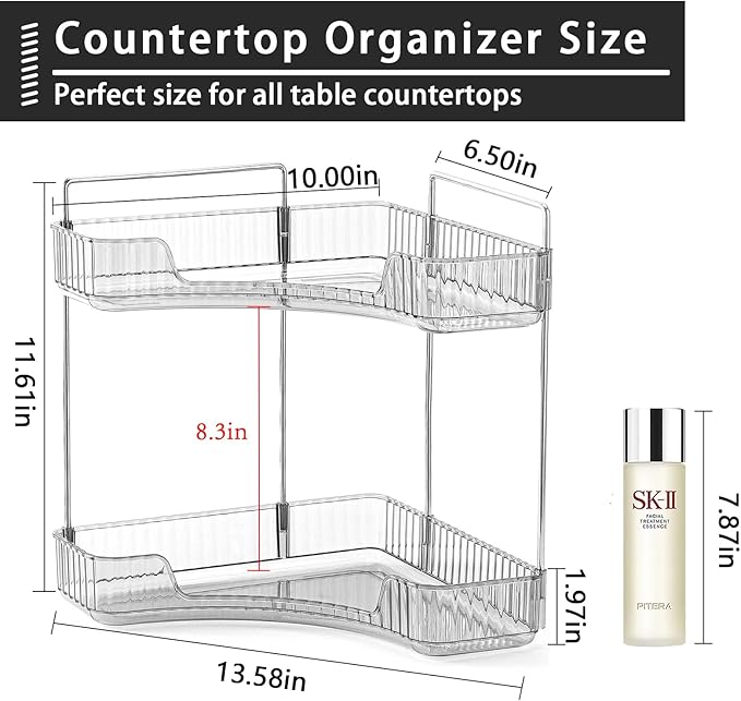 2-Tier Corner Bathroom Counter Organizer – Classic Storage Shelf for Makeup, Perfume & Toiletries, Space-Saving Countertop Tray Fits Bathroom, Dresser, Kitchen (Slate Gray)