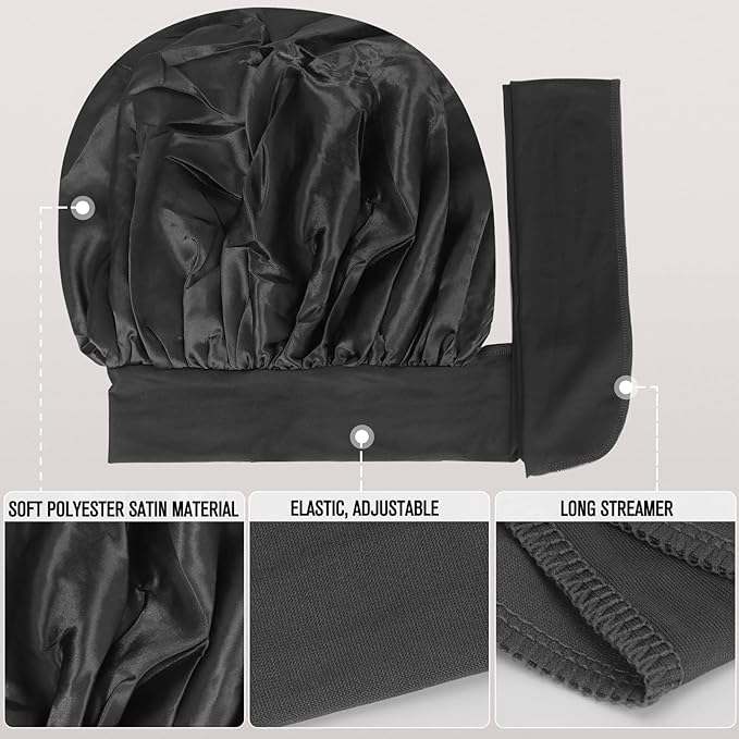 Arqumi 2 Pcs Satin Sleeping Bonnet, Large Long Strap Tie Band, Adjustable Sleep Night Cap Hair Bonnet for Women & Men, Black+Black