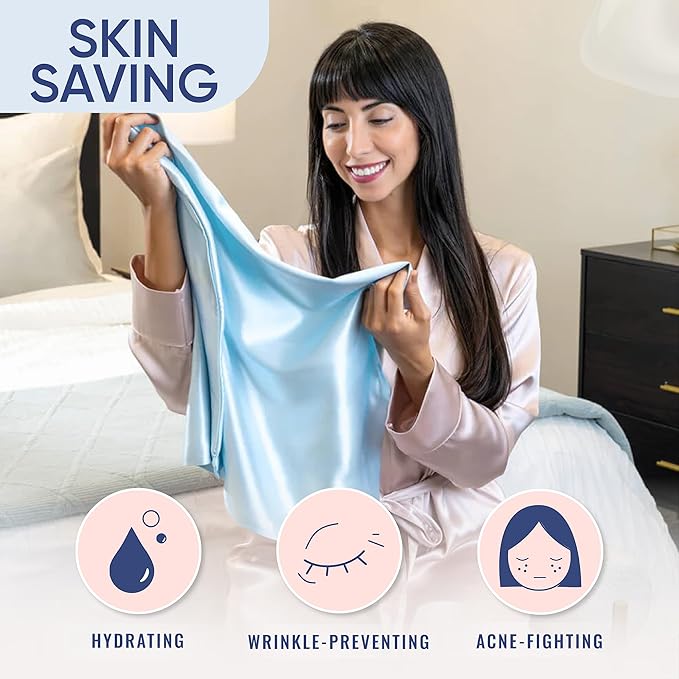 Blissy Silk Pillowcase - 100% Pure Mulberry Silk - 22 Momme 6A High-Grade Fibers - Silk Pillow Cover for Hair & Skin - Regular, Queen & King (Sky Blue, Standard)