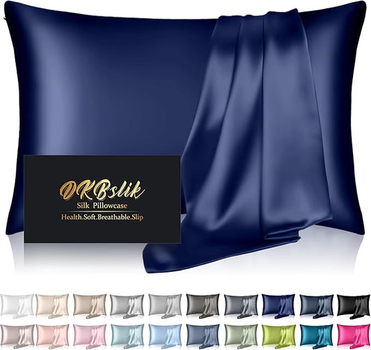 Silk Pillowcase for Hair and Skin, Mulberry Silk Pillow Cases Standard Size, Anti Acne Cooling Sleep Both Sides Natural Silk Satin Pillow Covers with Hidden Zipper, Gifts for Women Men, Navy Blue