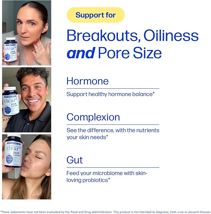 Clear Skin Supplement with Zinc, DIM & Probiotics | 3-in-1 Balance, Glow & Health Skin Support | Triple Action Hyaluronic Acid, Niaciminide & Vitamins for Hormone, Complexion & Gut Support | 120 Ct