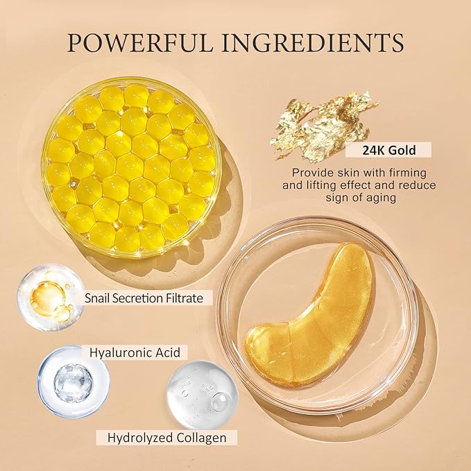 PEAUAMIE Under Eye Patchs 24k Gold Eye Mask and Hyaluronic Acid and Rose for Dark Circles and Puffiness Wrinkle Eye Bags 30 Pairs