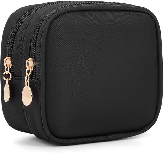 Small Makeup Pouch, Double Zipper Cosmetic Bag, Travel Makeup Bag, Cute Makeup Bag for Purse, Mini Toiletry Bag (Black)