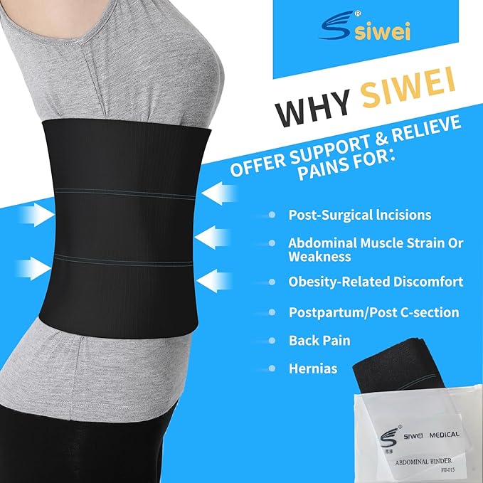 S Abdominal Binder Post Surgery - Elastic Waist Band for Stomach Support & Compression, Bariatric, Tummy Tuck | Latex-free, Breathable Belly Wrap Hernia Belt - (45" - 60") 3 PANEL - 9" BLACK