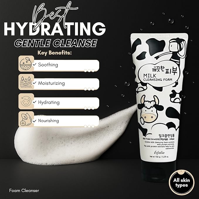 esfolio Milk Cleansing Foam – Hydrating Face Wash for All Skin – Korean Skincare Milk Protein for Gentle Deep Cleansing – Moisturizing Facial Cleanser for Soft & Smooth Skin (5.29oz -150g)