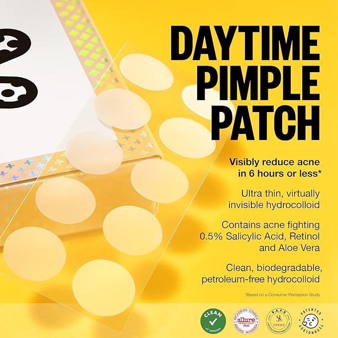 PEACE OUT Acne Day Dot Sheer Hydrocolloid Pimple Patches, Invisible Acne Spot Patches with Encapsulated Salicylic Acid, Retinol, and Aloe Vera, 20 Dots