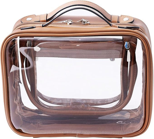 SANHECUN traveling toiletry Case large clear cosmetics case makeup bag (Brown, Small)