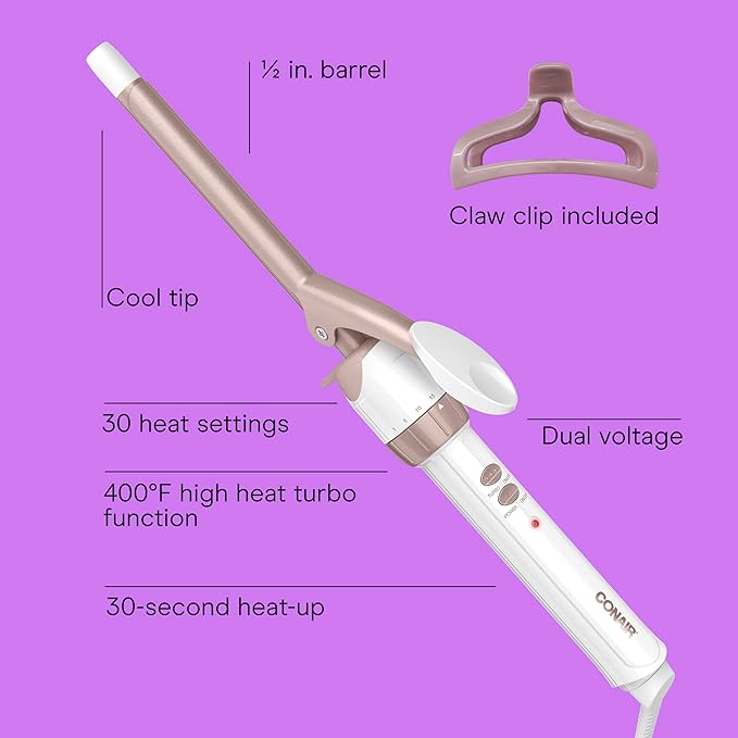 Conair Double Ceramic ½-Inch Curling Iron with Bonus Claw Clip, ½-Inch Barrel Creates Spiral Curls, Hair Curler for Use on Short to Medium Hair, White/Rose Gold