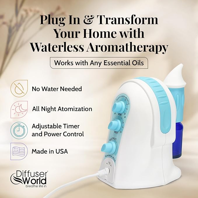 1000 Sq Ft Waterless Diffuser for Essential Oils, Made in USA Blue Waterless Aroma Atomizer for Home Large Room Fragrance, Home Scent Machine, Air Aromatherapy with Adjustable Timer