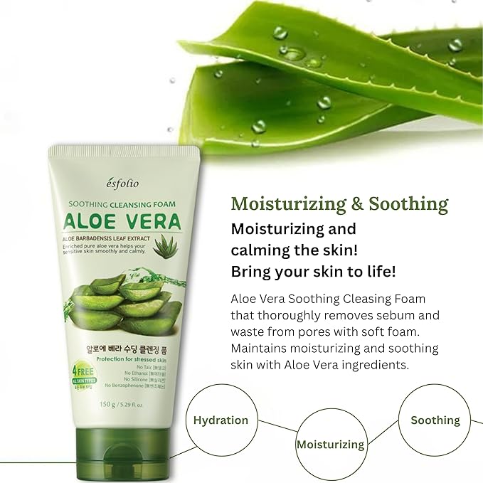 esfolio Aloe Vera Soothing Cleansing Foam – Gentle Hydrating Face Wash for Sensitive Skin, Moisturizing Facial Cleanser (5.29oz -150g)