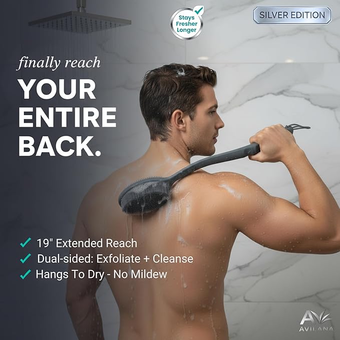 Avilana Silver Edition Back Scrubber Long Handle 19 Inch - Silver-Ion Infused Silicone Bath Brush, ISO Tested Dual Sided, Stays Fresh Extended Reach Back Washer Women Men Seniors Elderly Mobility Gift