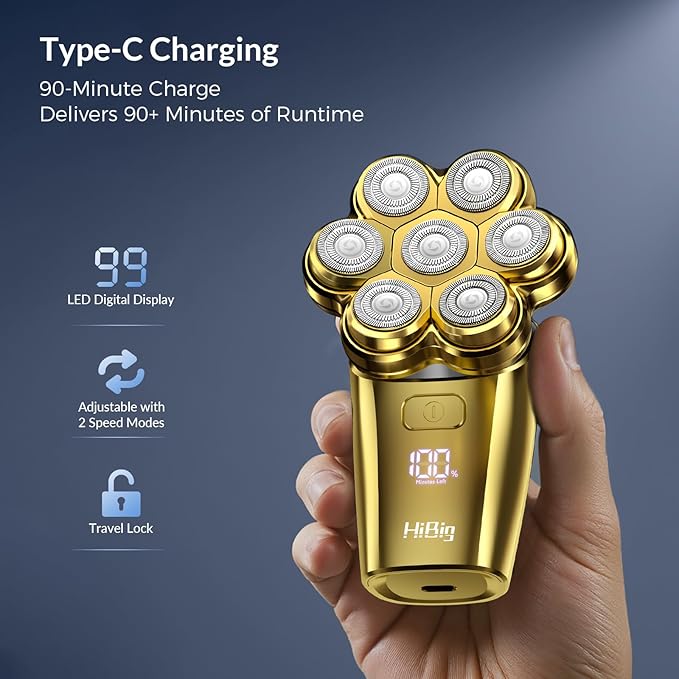 Head Shavers for Bald Men - 7D Arc Electric Razor with Magnetic Detachable Head, Waterproof Wet Dry 5-in-1 Electric Shaving & Grooming Kit, LED Display Rechargeable Head & Body Hair Shaver, Gold