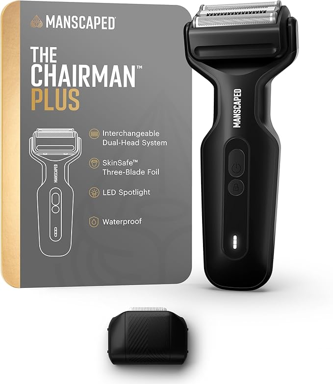 MANSCAPED® The Chairman™ Plus Men’s Electric Foil Face Shaver - Two Interchangeable Blade Heads, SkinSafe® Three-Blade Foil & Precision Sideburn & Jawline Trimmer, USB-C Charging, Gentle on Neck Area