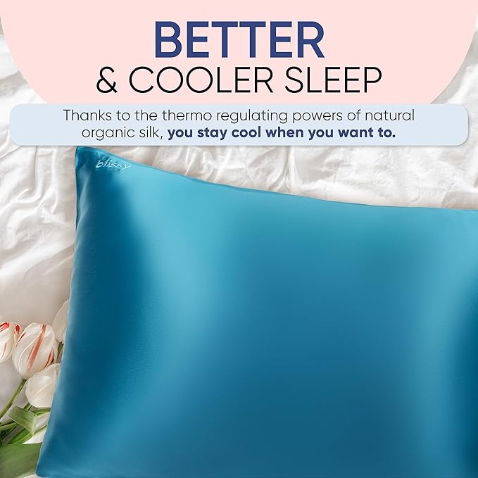 Blissy Silk Pillowcase - 100% Pure Mulberry Silk - 22 Momme 6A High-Grade Fibers - Silk Pillow Cover for Hair & Skin - Regular, Queen & King (Aqua, King)
