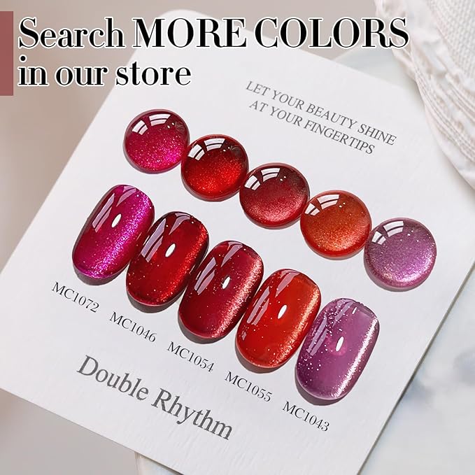 Double Rhythm Jelly Glass Cat Eye Gel Polish with Magnet 15ML Holographic Glitter Shimmer Translucent Sheer Color Magnetic Nail Polish Salon DIY at Home (Dark Red-MC1054)