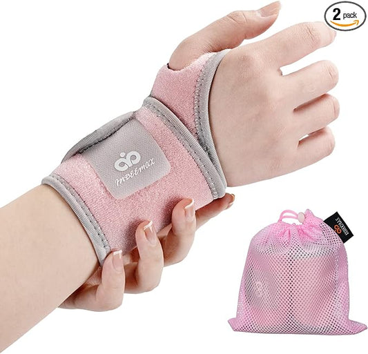 INDEEMAX 2 Pack Copper Wrist Brace Support for Carpal Tunnel, Pain Relief, Arthritis, Tendonitis, Adjustable Wrist Braces Compression Wraps Both Hands, Fit for Men and Women, Pink