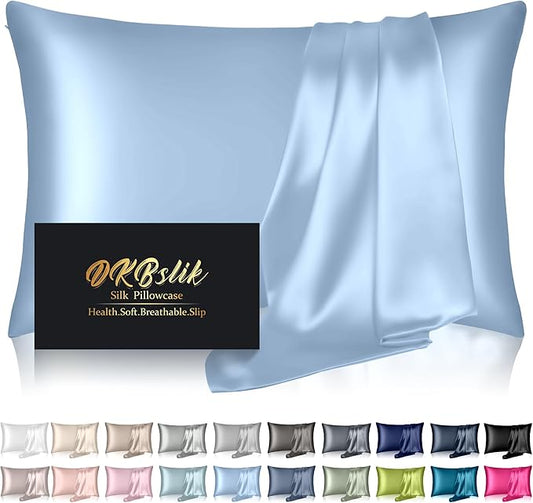 Silk Pillowcase for Hair and Skin, Mulberry Silk Pillow Cases Standard Size, Anti Acne Cooling Sleep Both Sides Natural Silk Satin Pillow Case Covers with Hidden Zipper, Gifts for Women Men, Haze Blue