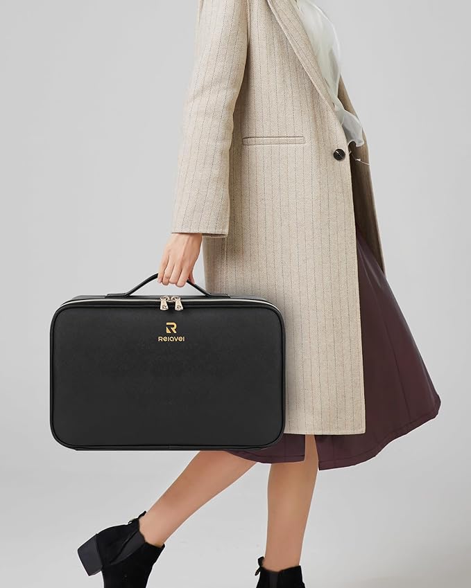 Relavel Travel Makeup Bag With LED Mirror, 16.2" Large Makeup Train Case, 3 Color Scenarios Adjustable Brightness, Waterproof Makeup Train Case Organizer with DIY Dividers for Makeup Artist, Black