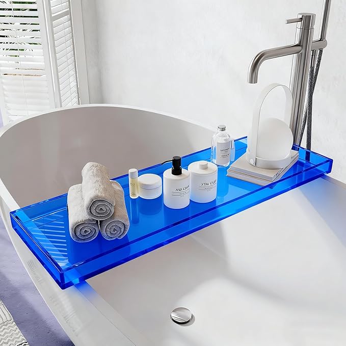 Bathtub Tray Table, Clear Acrylic, Anti-Slip Bath Caddy, L32.3″ * W7.87″ * H1.18″ (Blue, L29.9 x W7.87 x H1.18)