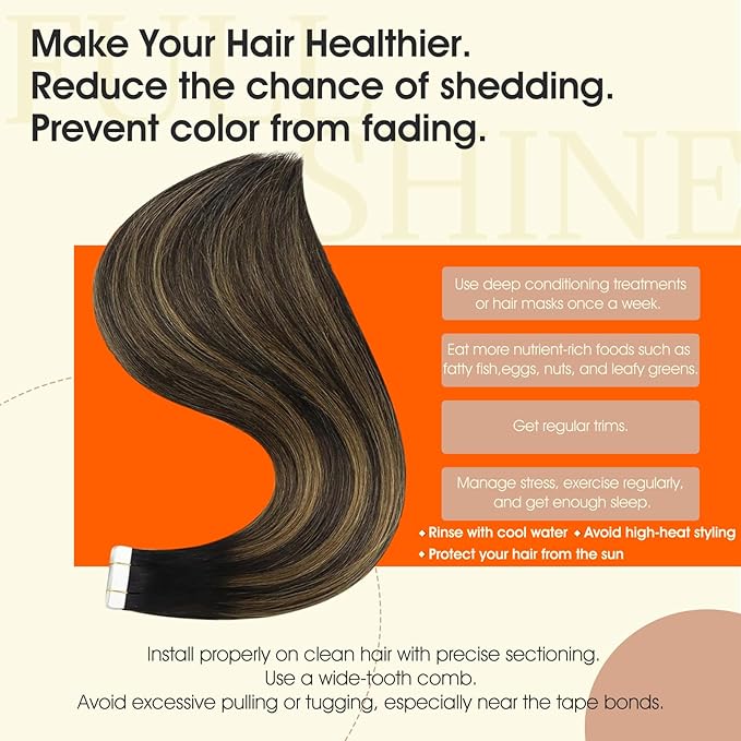 Full Shine Tape Hair Extensions Real Human Hair 12Inch Color 1B Black Ombre 6 Brown Highlight 1B Tape in Human Hair Extensions Double Sided Tapes ins 30Gram 20Pcs Seamless Invisible Straight Hair