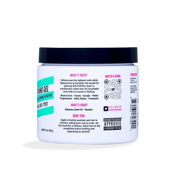 The Doux BIG POPPA Curl Defining Gel for Curly Hair – Frizz Control Styling Gel with Babassu Oil for Long-Lasting Shine & Soft Hold – Non-Crunch Hair Gel for Women, Coils, Waves & Curls