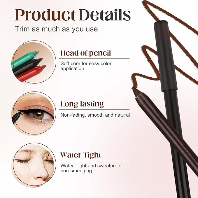 Eyeliner Pencil Waterproof Colored Gel Liners, 10 Colored Eye Liner Colorful Eyeliner Set, Waterproof Smudge Proof Glitter Colorful Eye liner Pen Set Eye Makeup for Women (10Pcs)