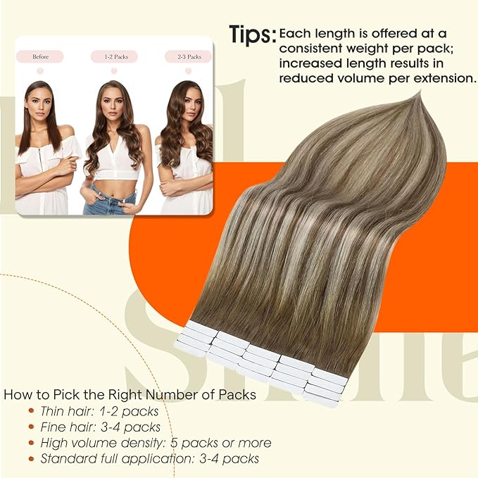 Full Shine Ombre Tape in Hair Extensions Human Hair 12Inch Seamless Tape in Extensions 6/60/6 Brown Ombre to Blonde Highlighted Light Blonde Double Sided Hair Extensions Remy Hair 30G 20pcs Natural