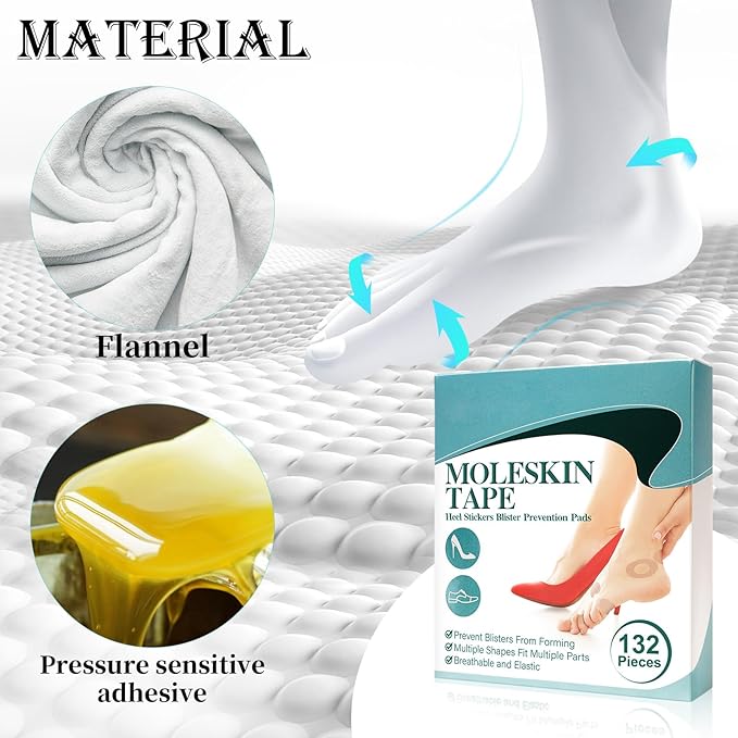132PCS Moleskin Adhesive Pads for Feet, Flannel Adhesive Pads, Blister Prevention Padding Avoid Skin Blister, Foot Protection for Heels (12 Sheets)