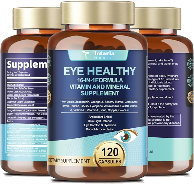 AREDS 2 Eye Vitamins and Mineral Bilberry Extract Omega-3, Eye Vitamin for Seniors Macular Health and Dry Eye, Eye Vitamins Lutein and Zeaxanthin Support Eye Strain & Hydration (120 Capsules)