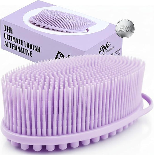Avilana Silver Edition Body Scrubber - Silver-Ion Infused Silicone Shower Brush, ISO Tested Dual Sided, Stays Fresher Longer, SGS Certified Gentle Exfoliating Loofah Alternative Sensitive Skin Women