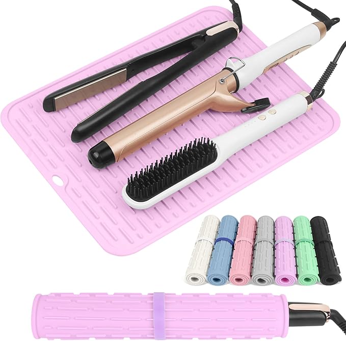 AMIJEAL Oversize Silicone Heat Resistant Mat for Hair Tools, Curling Iron Mat, Hot Tools Holder, Portable Flat Iron Hair Straightener Pad Cover for Travel Vanity Salon(14.2" x 11.0")