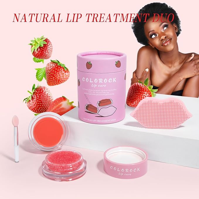 Lip Mask &Sugar Lip Scrub Set Natural Lip Treatment Duo - 4 IN 1 Lip Sleep Mask Gift Set for Exfoliate,Nourish Soothe & Hydrate Dry and Flaky Lips-Lip Mask Overnight for Lip Care-Strawberry