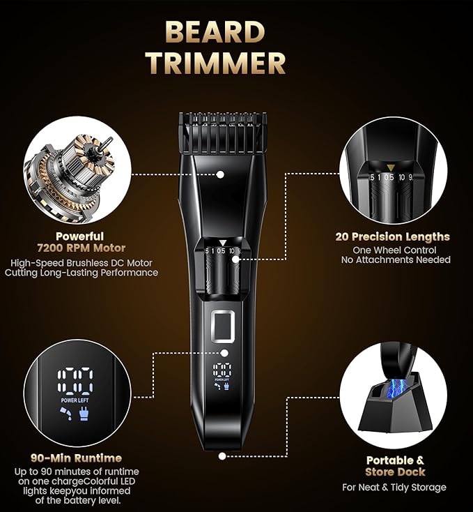 Men's Beard Trimmer-All-in-One Mustache Trimmer with 20 Length Adjustable, Stainless Steel T-Blade for Precision Facial Hair Trimming Cordless IPX7 Waterproof Wet/Dry Clipper,LED Display
