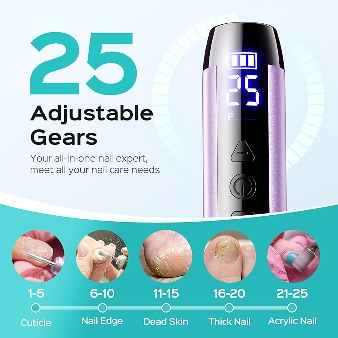 COSLUS Electric Cordless Nail Drill: Professional Nail File with LED Screen & 25 Speeds for Acrylic Gel Dip Powder Removal, Beginner-Friendly for Home DIY & Salon, Portable for Travel, C51, Purple