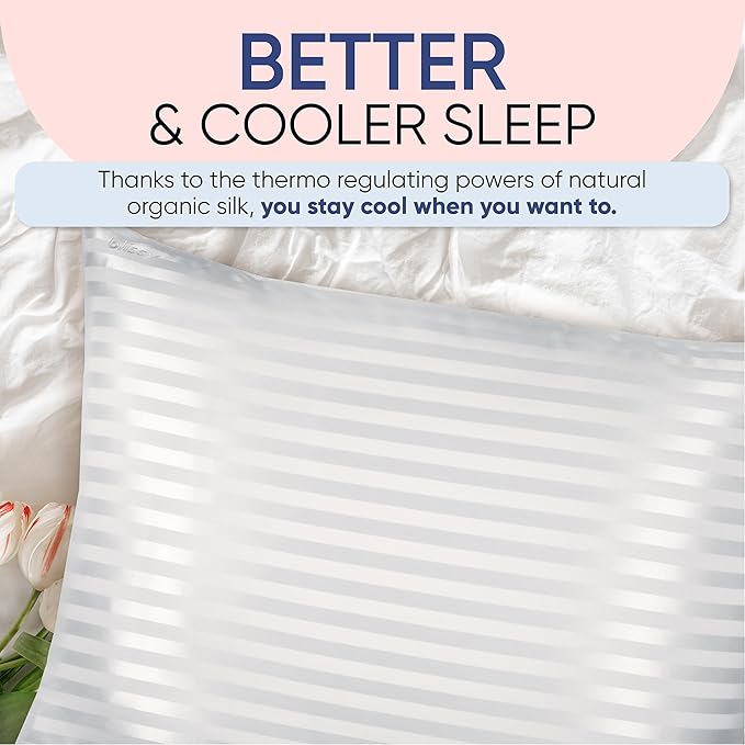 Blissy Silk Pillowcase - 100% Pure Mulberry Silk - 22 Momme 6A High-Grade Fibers - Silk Pillow Cover for Hair & Skin - Regular, Queen & King (White Striped, Standard)