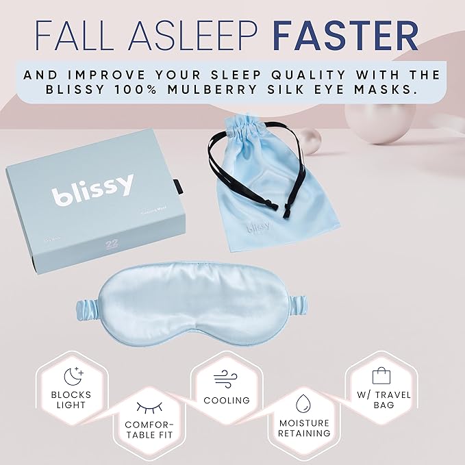 Blissy Silk Sleep Mask - Eye Sleeping Mask for Women & Men for Total Blackout - 100% Pure Mulberry Silk, 22 Momme 6a Fibers - Blindfold Sleep Mask Side Sleeper Eye Cover (Sky Blue)