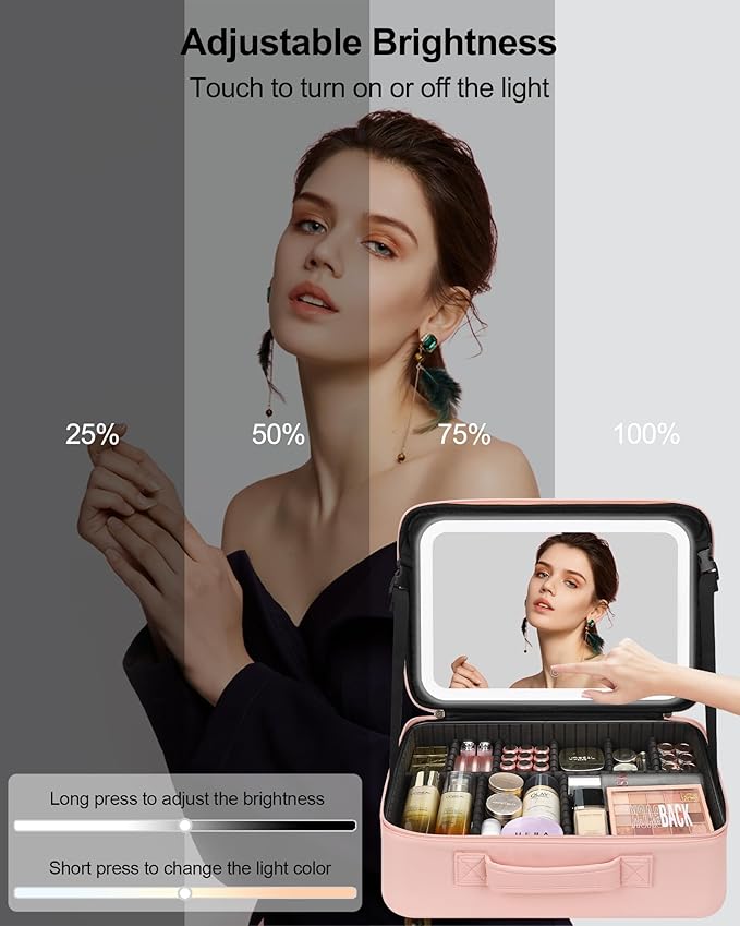 Relavel Makeup Bag with LED Mirror, 16.2 inches Large Professional Makeup Case for Makeup Artists, Travel Portable Cosmetic Organizer Storage Box, Vanity Case with 3 Colors Lighted Mirror, Pink