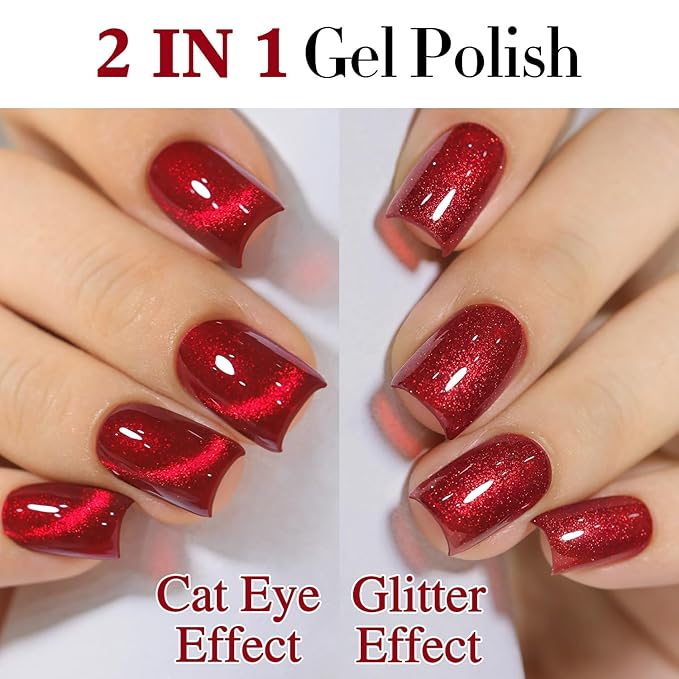 Double Rhythm Jelly Glass Cat Eye Gel Polish with Magnet 15ML Holographic Glitter Shimmer Translucent Sheer Color Magnetic Nail Polish Salon DIY at Home (Blood Red-MC1107)