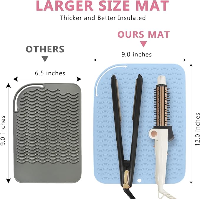 Larger Size Silicone Heat Resistant Mat for Curling Irons, Flat Irons, Hair Straightener and Other Hair Styling Tools, Portable Hot Tools Pad Cover for Travel Vanity Salon(12.0" x 9.0")