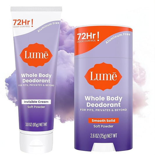 Lume Whole Body Deodorant - Invisible Cream - 72 Hour Odor Control - Aluminum Free, Baking Soda Free, Skin Safe - 3.0 Ounce Tube and 2.6 Ounce Solid Stick Bundle (Soft Powder)