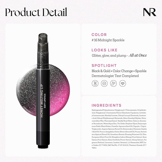 Nature Republic HONEY MELTING LIP GLITTER & PLUMPING (16 MIDNIGHT SPARKLE) SOFT LIP STICK Moisturizing Gloss, Volumizing formula, Color changing Sheer tint, Shine Glimmer Finish
