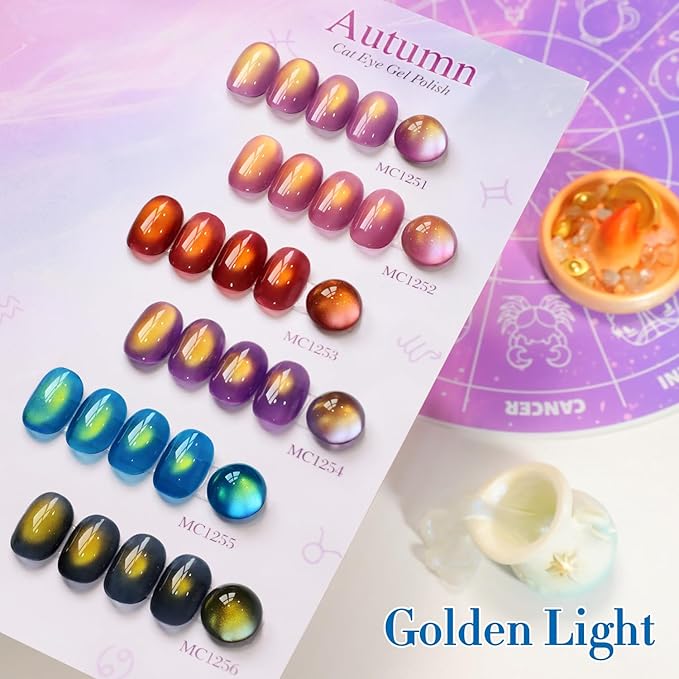 Double Rhythm Jelly Glass Cat Eye Gel Polish with Magnet 15ML Holographic Glitter Shimmer Translucent Sheer Color Magnetic Nail Polish Salon DIY at Home (Golden Blue-MC1255)