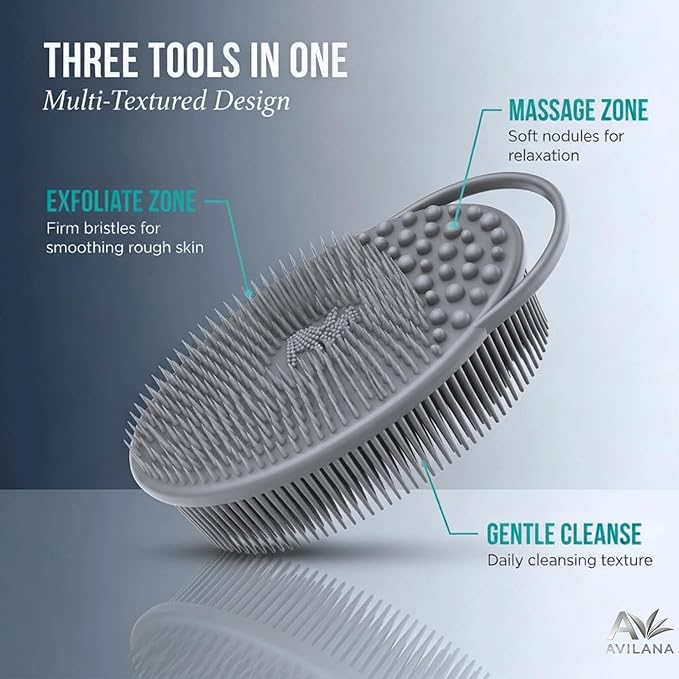 Avilana Premium Exfoliating Body Scrubber - 8 Years Trusted Since 2017 - SGS Certified Silicone Bath Brush, Firm Bristles Smooth Rough Bumpy Skin Texture, Dual Sided Loofah Alternative Women Men Kids