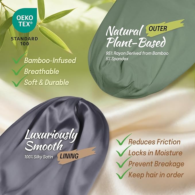 Large Satin Bonnet for Men Sleeping: Loc Cap Dreadlocks for Curly Braids, Silky for Frizzy Hair Smooth Military Green