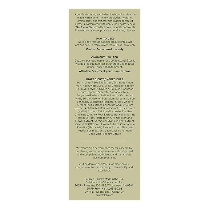 Caldera + Lab The Clean Slate | Men's Organic Foaming Facial Cleanser for Dry, Sensitive, & Normal Skin – Vegan, Natural & Antioxidant Packed Exfoliating Face Wash