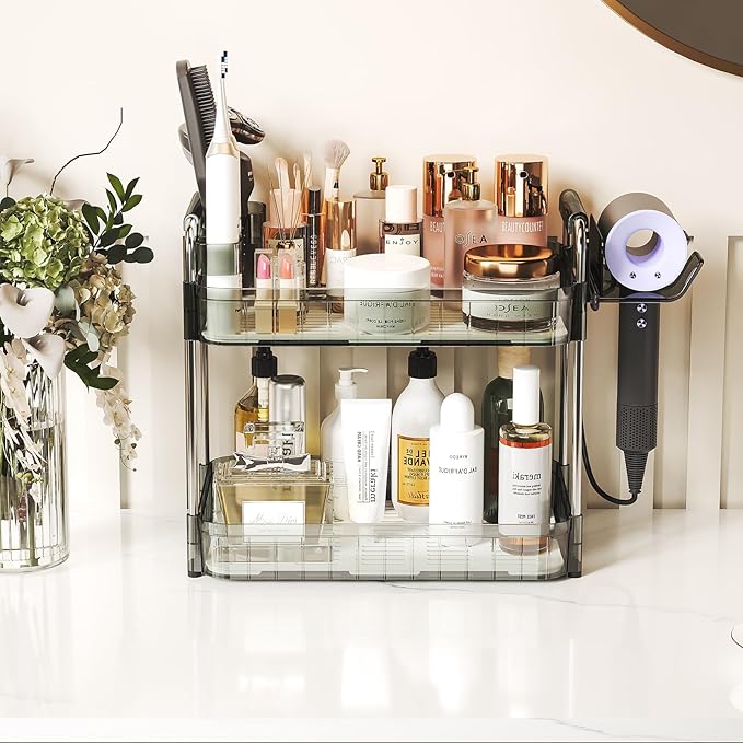 Bathroom Counter Organizer, 2 Tier Makeup Skincare Storage Tray with Hair Dryer Holder and Toothbrush Rack, Perfume Organizer Vanity Shelf for Countertop, Dresser (Transparency Green)