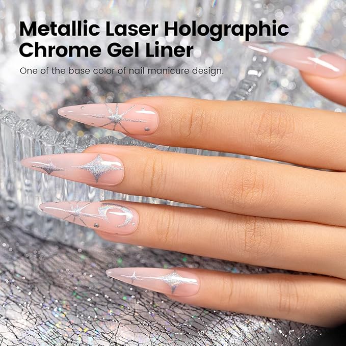 RARJSM Metallic Silver Nail Art Gel Liner Mirror Chrome 3D Holographic Laser Rainbow Effect Gel Nail Polish 8ml Build in Thin Brush Painted Drawing Striper Painting Curing Requires for Home Salon