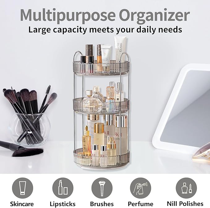 360 Rotating Makeup Organizer,3 Tier Large Capacity Make Up Organizers and Storage,Makeup Organizer for Bathroom,Cosmetic Perfume Stand Organizer(Grey-3 Tier)