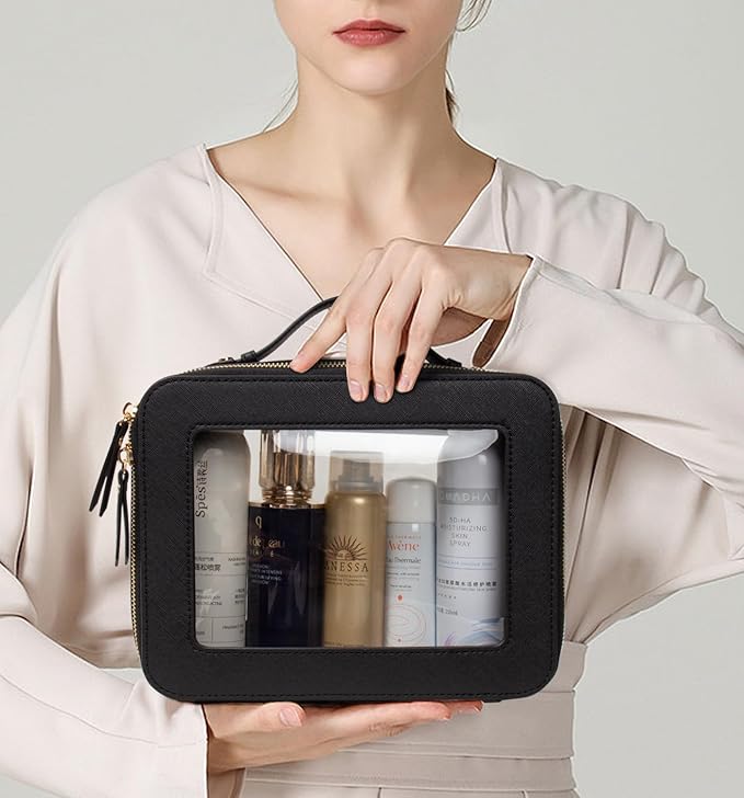 LETGO Clear Makeup Bags, TSA Approved Toiletry Bag with Zipper, Clear Makeup Organizer Large Fit Carry-on Travel Essentials,Clear Cosmetic Bags for Women Men (Large-Black)