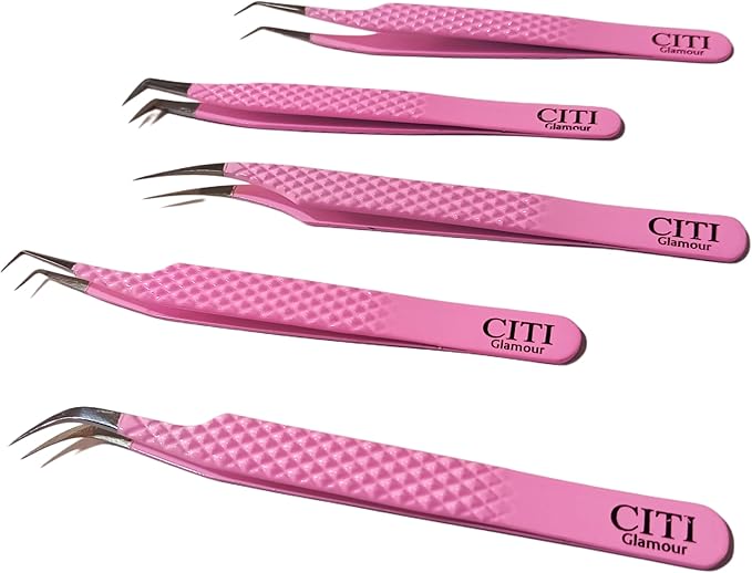 Lash Tweezers For Eye Lash Extension set of 5 Precise Fiber Tip with Diamond Grip Complete set for Volume Lashes Pink